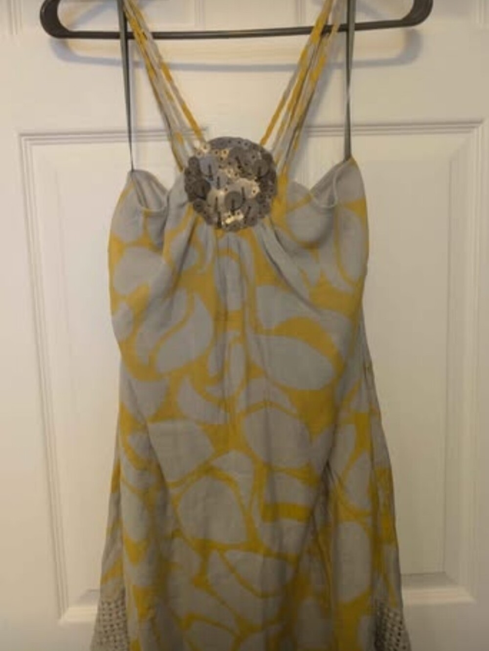 Y2K Mustard Yellow & Grey Abstract Halter Tunic Blouse with Sequin Medallion Det